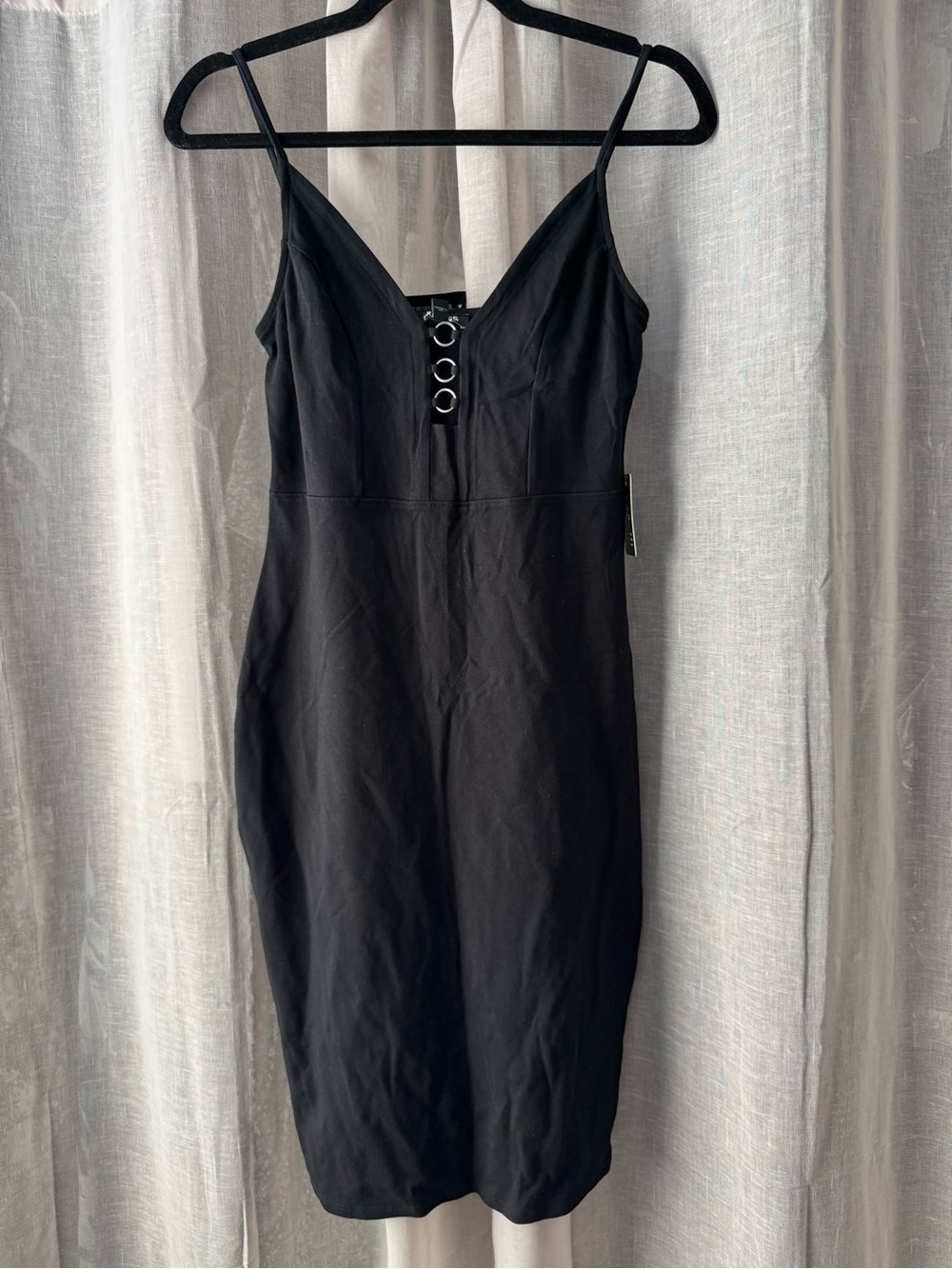 Express Black Spaghetti-Strap Mini Dress with Ring Front Detail